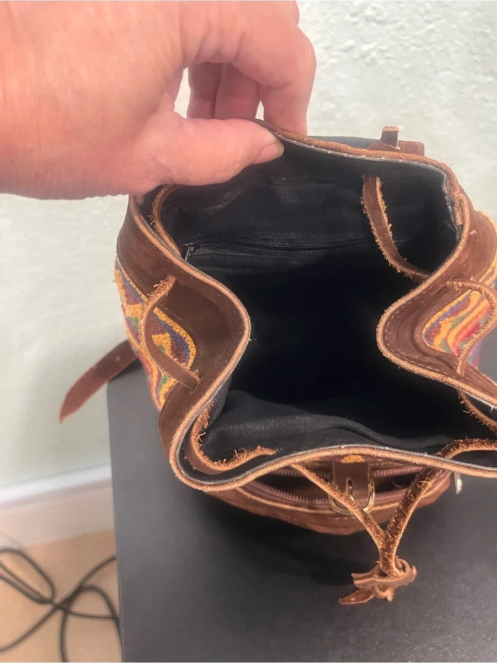 Handcrafted Multicolor Knit & Brown Suede and Leather Women's Small Backpack
